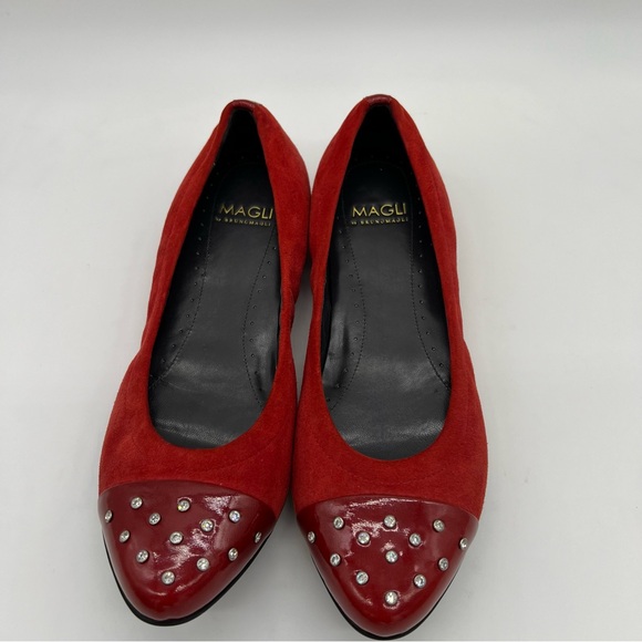 MAGLI by Bruno Magli Elegant Red Suede Patent Leather with Studded Cap Toe Flats - Picture 10 of 15